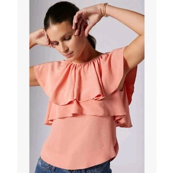 $248 Joie Women's Lennon Tiered Ruffle 100% Silk Top Coral Haze Small